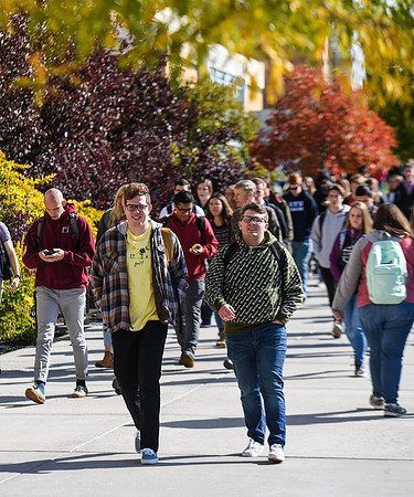 Students on their way to Devotional, Fall Semester.