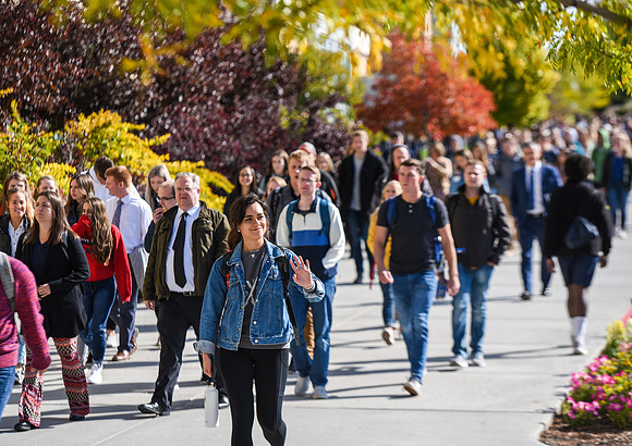 Students on their way to Devotional, Fall Semester.
