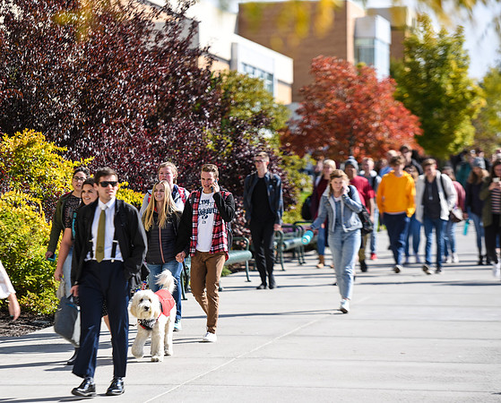 Students on their way to Devotional, Fall Semester.