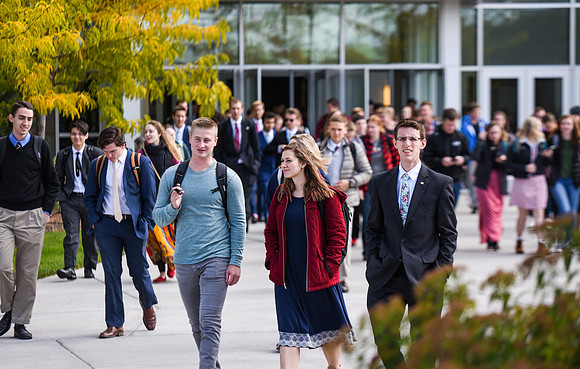 Students on their way to Devotional, Fall Semester.