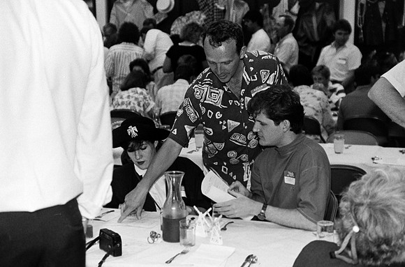 Participants of Playmill reunion talking.