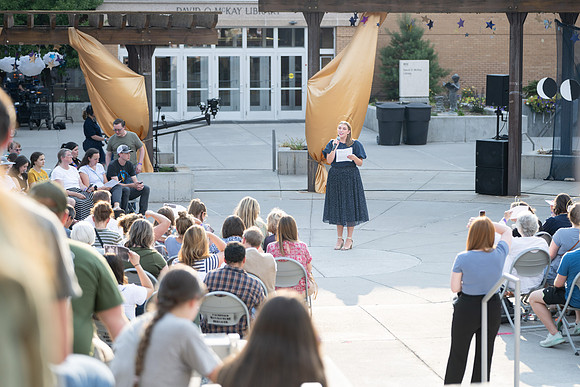 Students show off their sewing projects at the spring semester fashion show in the McKay Ampitheater.