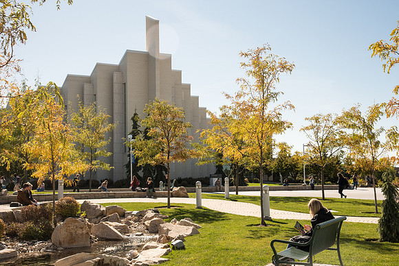 Studets enjoy the Fall colors, outside the Taylor Chapel, BYU-Idaho campus, Fall Semester.