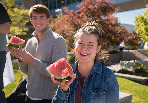 Students participate in a watermelon eating contest during Spirit week on, Fall Semester.