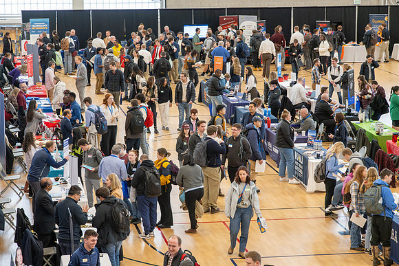 Students gather in the I-Center courts at the 2024 Winter Career fair.