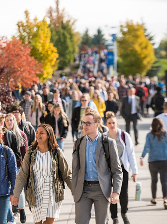 Students walking into devotional, Fall Semester.