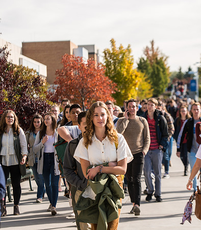 Students walking into devotional, Fall Semester.