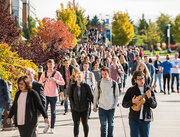 Students walking into devotional, Fall Semester.