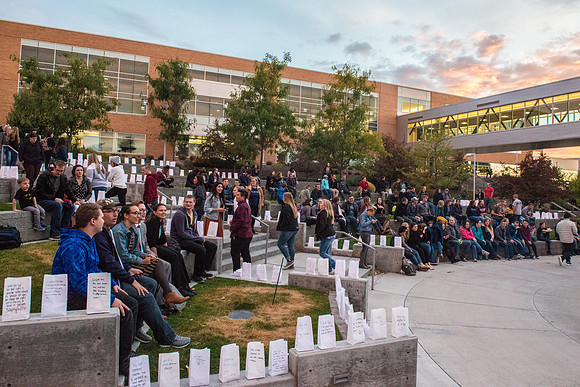 The Torch lighting ceremony held in the amphitheater court, Fall semester.