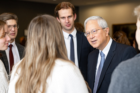 Elder and sister Gong meet with students of BYU-Idaho.