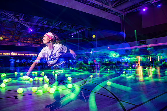 The final activity for Spirit week was a huge game of glow in the dark dodge ball, held in the BYU-I Center courts. Fall Semester.