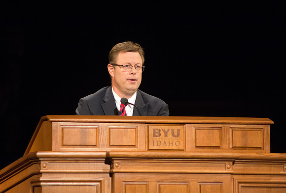 President Gilbert speaks at the first devotional of the Fall 2016 semester.