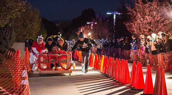 Chariot Races: teams race up the sidewalk between the BYU-Idaho Center and the Manwaring Center.