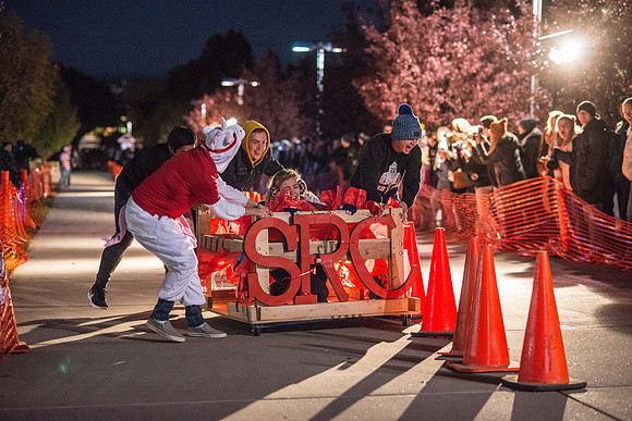 Chariot Races: teams race up the sidewalk between the BYU-Idaho Center and the Manwaring Center.
