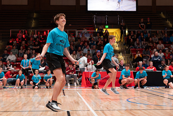 The Profrom Airborne team performs in the heart gym.