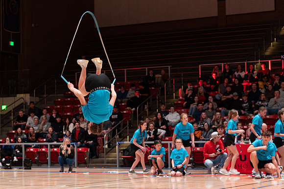 The Profrom Airborne team performs in the heart gym.