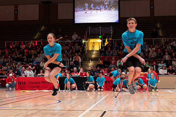 The Profrom Airborne team performs in the heart gym.