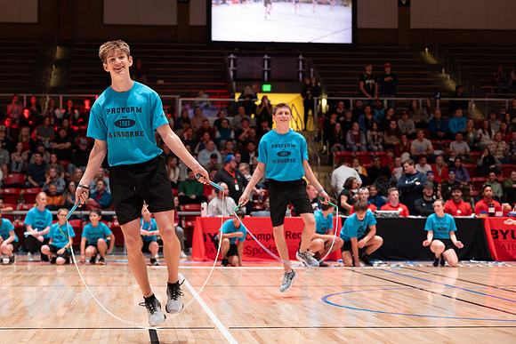 The Profrom Airborne team performs in the heart gym.