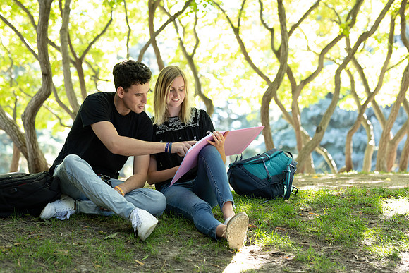 Students enjoy the tranquility of the Ricks Horticulture Gardens.