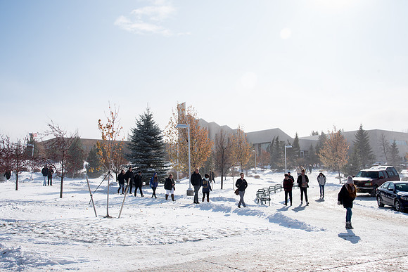 Students on their way to devotional on a frozen fall day.