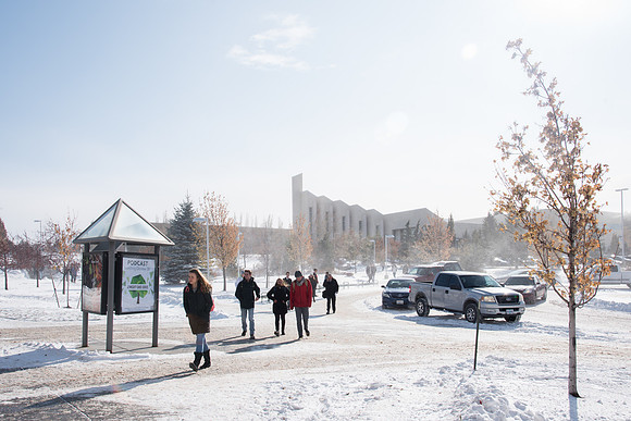 Students on their way to devotional on a frozen fall day.