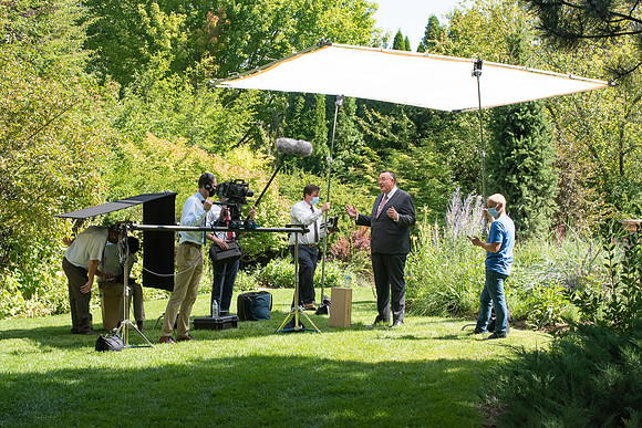 Video production of Vice President, Jon Linford, in the Thomas E. Ricks Gardens for the We're In This Together campaign.