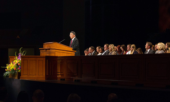 Kevin Myasaki conducts devotional in the BYU-Idaho Center.