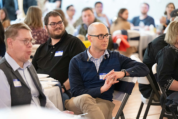Alumni in the Cache Valley area gather at Eagles Landing Event Center, in Smithfield, Utah and get the chance to listen to and meet President Meredith.