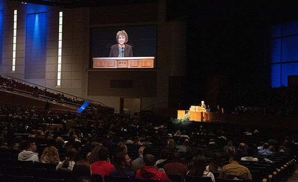 Rachel Huber speaks at the devotional in the BYU-Idaho Center. Devotional - Nov 2019