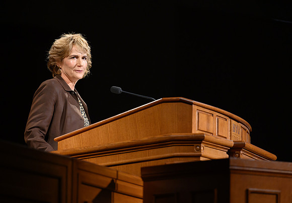 Rachel Huber speaks during devotional held in the BYU-Idaho Center, Fall Semester.