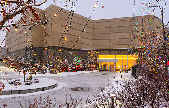 The BYU-Idaho Center in a snow storm, Fall Semester.