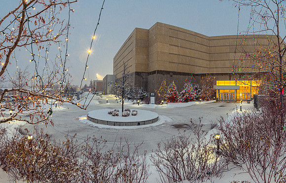 The BYU-Idaho Center in a snow storm, Fall Semester.