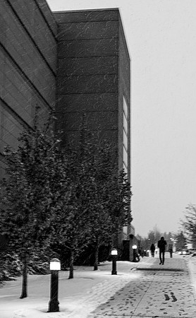 The BYU-Idaho Center in a snow storm, Fall Semester.