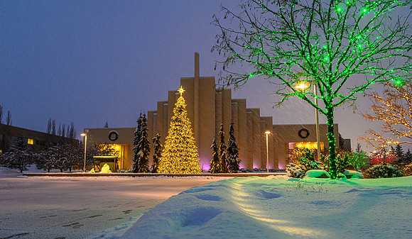 The Taylor Chapel in a snow storm, Fall Semester.