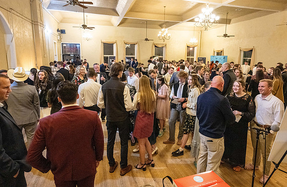Business Management students have the opportunity to make some connections at a Marketing Gala in the Woodman Ballroom, downtown Rexburg, Idaho.