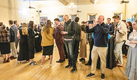 Business Management students have the opportunity to make some connections at a Marketing Gala in the Woodman Ballroom, downtown Rexburg, Idaho.