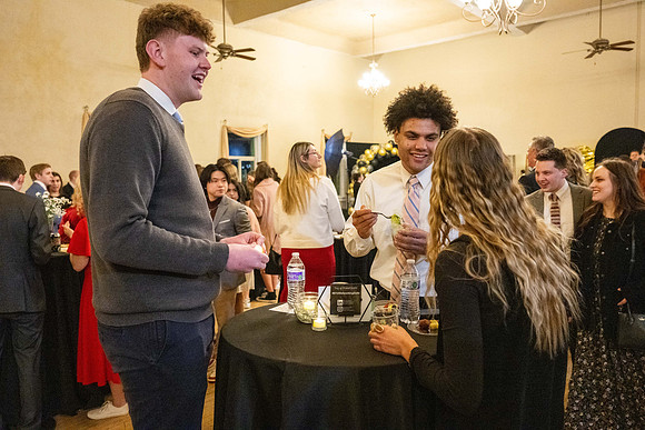 Business Management students have the opportunity to make some connections at a Marketing Gala in the Woodman Ballroom, downtown Rexburg, Idaho.