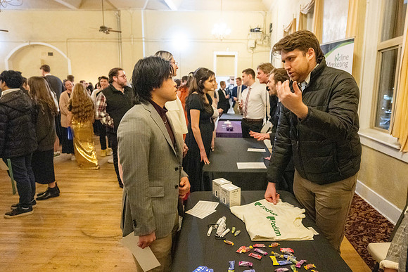 Business Management students have the opportunity to make some connections at a Marketing Gala in the Woodman Ballroom, downtown Rexburg, Idaho.
