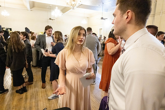 Business Management students have the opportunity to make some connections at a Marketing Gala in the Woodman Ballroom, downtown Rexburg, Idaho.