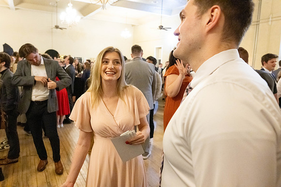 Business Management students have the opportunity to make some connections at a Marketing Gala in the Woodman Ballroom, downtown Rexburg, Idaho.