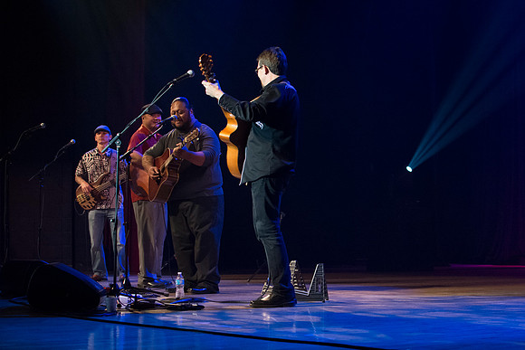 Brigham Young University-Idaho's Center Stage presents the Hawaiian Slack Key Kings. Performers Stephen Inglis, Patrick Landeza, Hear LT Smooth created a warm Hawaiian atmosphere with their music amid