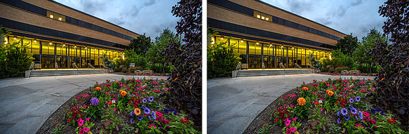 Flowers switched colors, flipped door knob, missing sign, extra light, missing key holes, three missing light reflections, extra flower bed, no cement cracks, no garbage can topper.