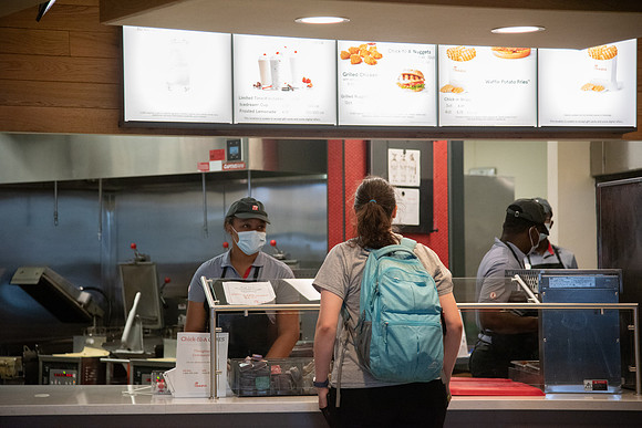 Student Well-Being program assisting students who had been impacted by COVID-19 with lunch and dinner Monday through Friday in the Crossroads. Spring Semester