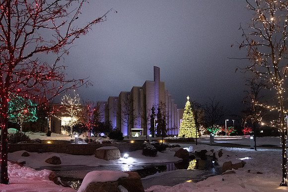 BYU-Idaho decorated for the Holidays. Taylor Quad is adorned with a new Christmas Tree.