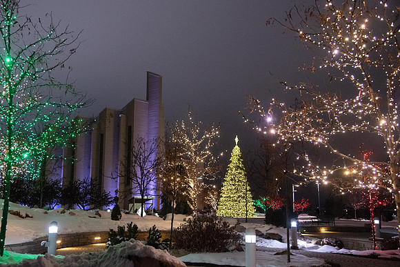 BYU-Idaho decorated for the Holidays. Taylor Quad is adorned with a new Christmas Tree.