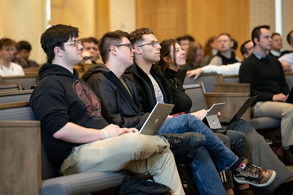 Students gather during forum hour to hear from speakers about informational interviews.