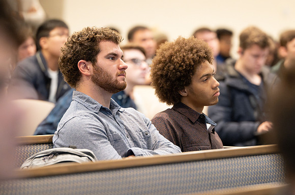 Students gather during forum hour to hear from speakers about informational interviews.