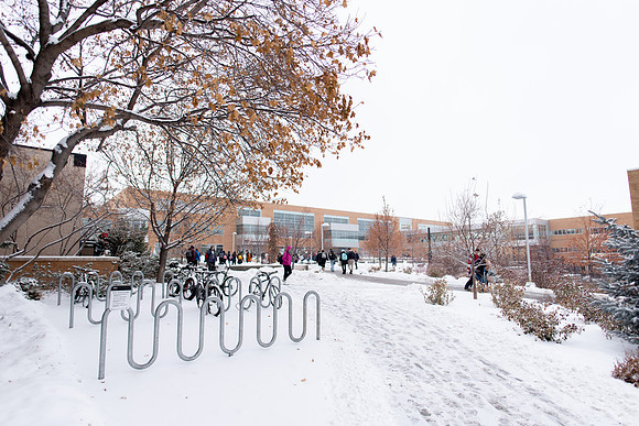 Manwaring center and the library view in the winter.
