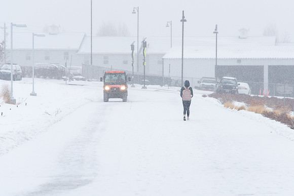 Fresh snow falling on campus of BYU-Idaho.