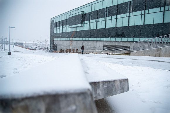 Fresh snow falling on campus of BYU-Idaho. Science and Technology Building